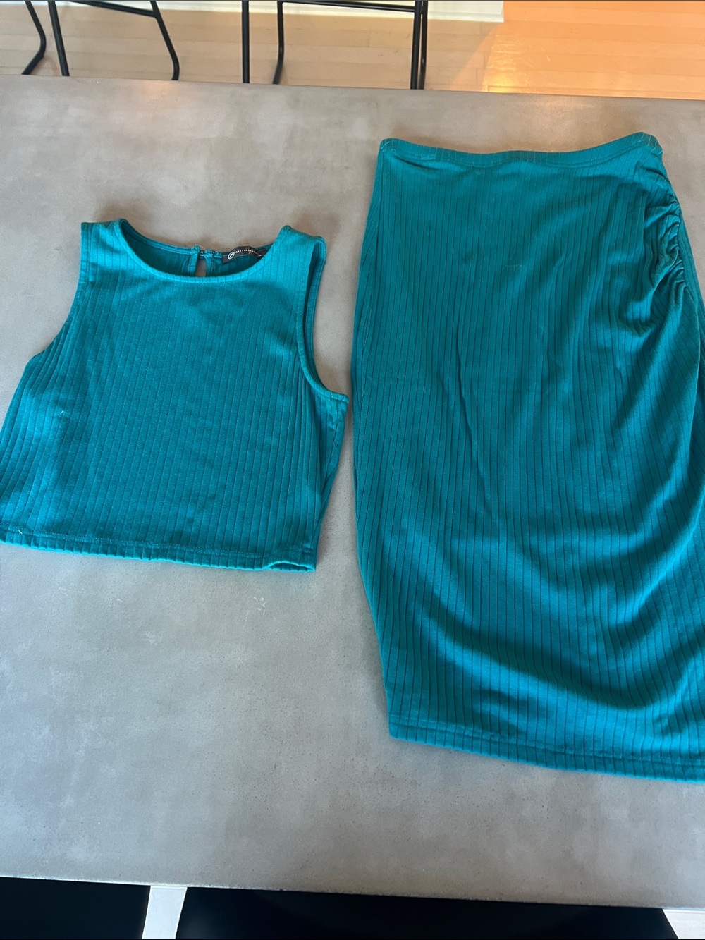 Ribbed Teal Midi Dress Set - Sleeveless Crop Top & Skirt